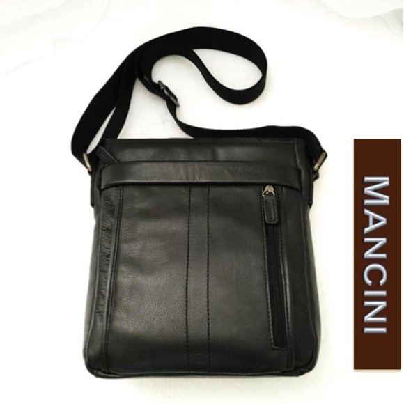MANCINI Unisex Black Leather Vertical Messenger Bag Padded Shoulder Cros… - Picture 3 of 13